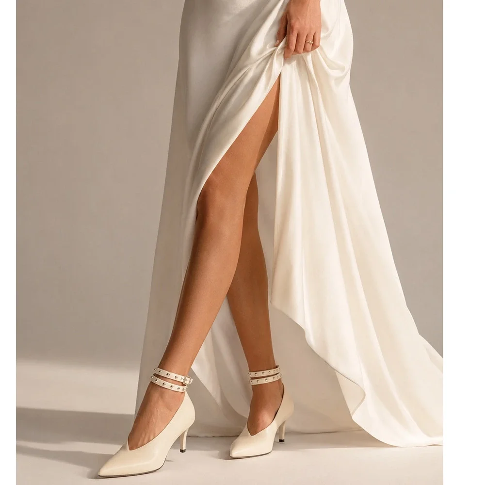 Jimmy Choo 8 Lark 65 Leather Pumps Deep V Ankle Strap Ivory Ecru Booties 38.5 - Picture 11 of 11